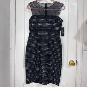 Rickie Freeman Terri Jon Dress Sheath Tweed Metallic Sleeveless Black Mesh‎ Sz 8